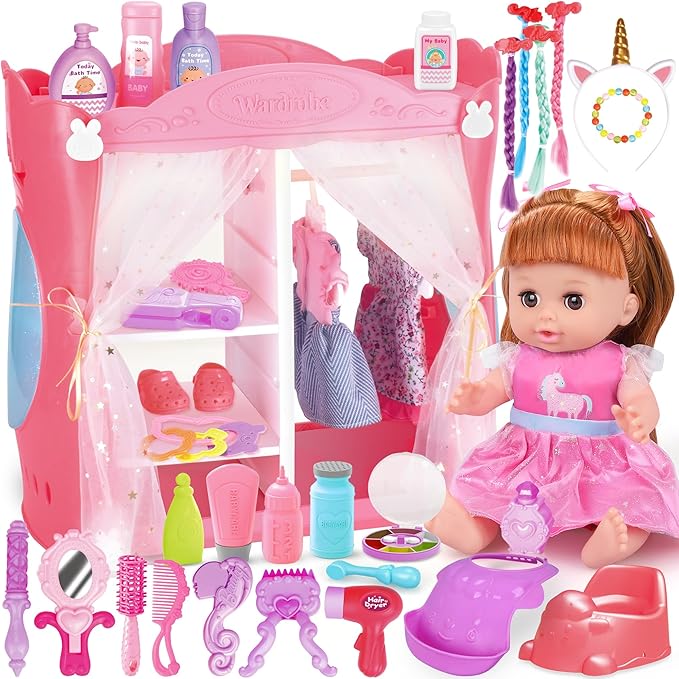 14" Baby Doll Toys Playset with Wardrobe Bed, 37PCS Beauty Hair & Baby Doll Care Toy Set, Toddler Toy Pretend Play Doll Incl Hair Salon Kit, Doll Clothes, Baby Gift for 3 4 5 6+ Year Old Girl Toy