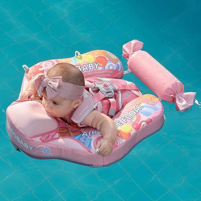 Mambobaby Float Add Tail Baby Swim Float with Canopy Solid Pool Infant Swim Trainer Swimming Training Lying Air Free Water Floats Non-Inflatable Waist Swim Ring for Toddlers (Candy)