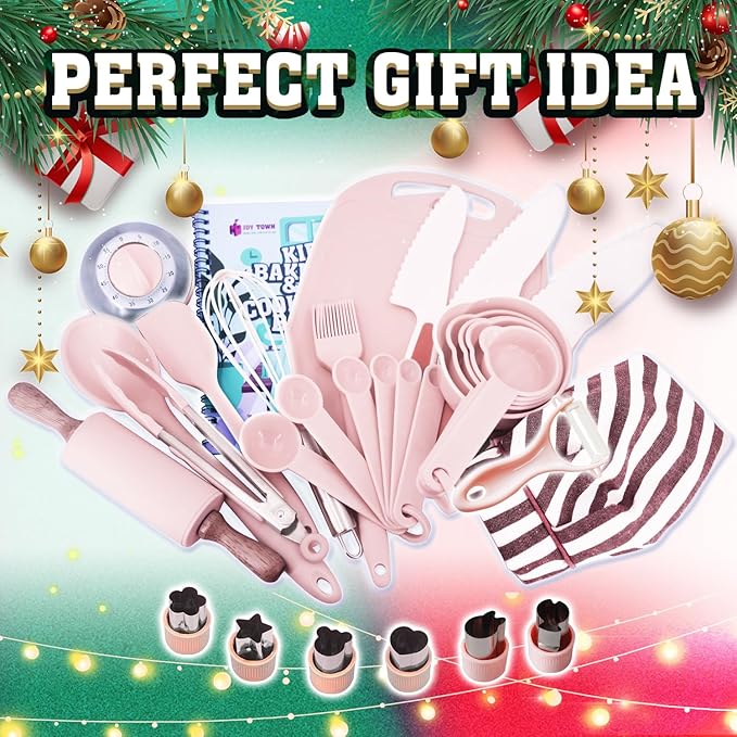 JoyTown Kids Cooking and Baking Set with Storage Case –Complete Cooking Supplies for The Junior Chef with Cookbook, Knives, Timer, Kids Baking Kit for Girls & Boys – Real Utensils Accessories - Pink