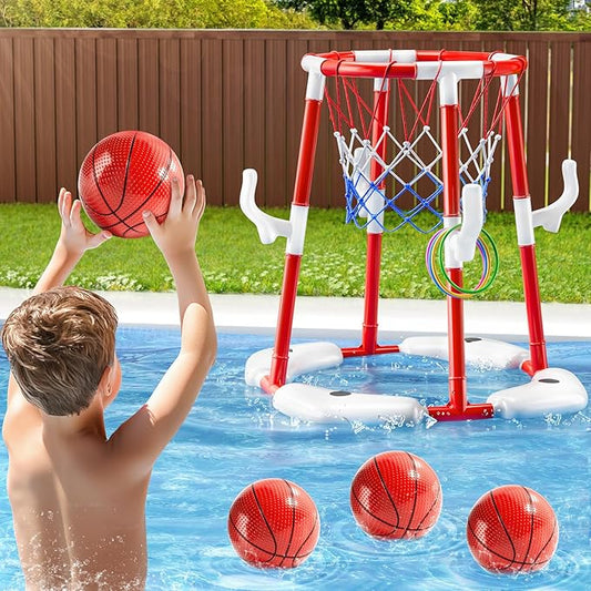 Swimming Pool Basketball Hoop Toy for Kids 2 3 4 5 6 Years Old - Floating Pool Basketball Game Toys with 4 Balls Air-Pump, Outdoor Play, Poolside Summer Water for Boys Girls Age 4-8-12 (Red)