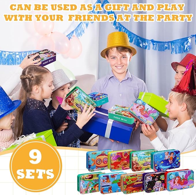 Libima 9 Boxes Party Favors Jigsaw Puzzles in a Metal Box for Age of 4-8 Wooden Puzzle for Ages 4-8 Boys and Girls Learning Educational Toys 9 Styles(Lovely Style)