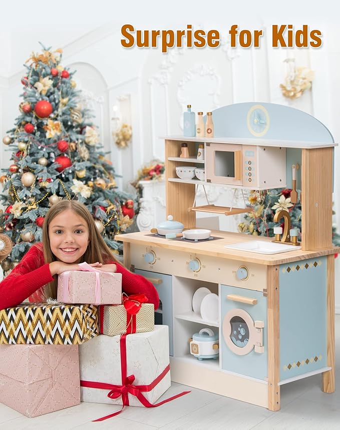 ROBOTIME Wooden Kitchen for Kids Play Kitchen, Toy Kitchen Set for Kids Kitchen Playset with Plenty of Play Features, Realistic Toddler Kitchen Set, Gift for Girls Boys Ages 3+