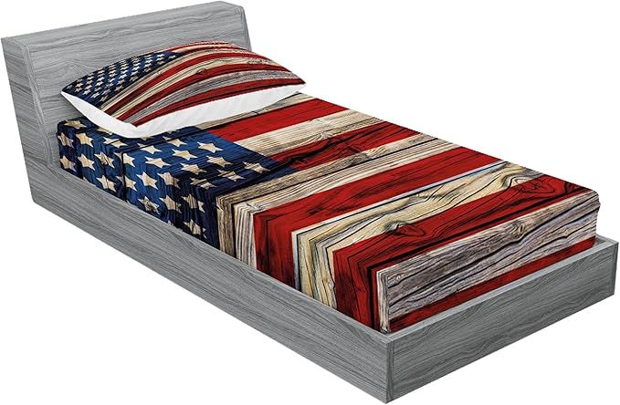 Ambesonne 4th of July Fitted Sheet & Pillow Sham Set, Wooden Planks Painted as United States Flag Patriotic Country Style, Decorative Printed 2 Piece Bedding Decor Set, Twinxl, Red Beige Navy Blue