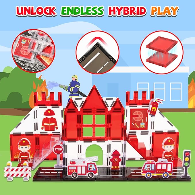 cossy Magnetic Tiles Firefighter Set, Magnetiles with Firefighter, Magnetic Tiles for Kids Ages 4-8, STEM Toys, Magnet Blocks for Boys and Girls, Creative Building Toys, Firefighter