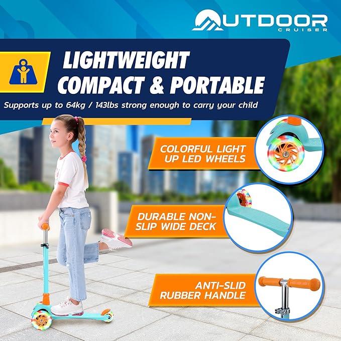 Outdoor Cruiser 3-Wheel Kids Scooter – with Lean-to-Steer Technology, Led Lighted Wheel, 4-Level Adjustable Height T-bar Handle, Support Kids Up to 150 Lbs, for Boys & Girls Ages 3-8, Aqua and Orange