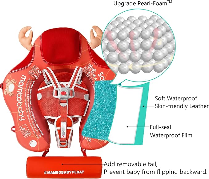 Mambobaby Float Add Tail Baby Swim Float with Canopy Solid Pool Infant Swim Trainer Swimming Training Lying Air Free Water Floats Non-Inflatable Waist Swim Ring for Toddlers (Crab)