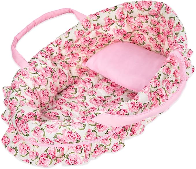Doll Carry Cot Set, Sweet Dreams Soft Bassinet Doll Carrier Includes 1 Cot and 1 Pillow, Pink Flower Doll Bassinet, Fits for 16 Inch American Girl Dolls