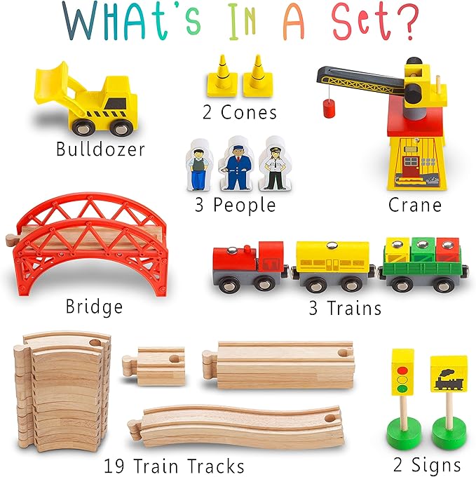 Wooden Train Sets for Boys 2-4-7 – 38 Pcs Wood Train Set for Toddlers w/Crane, Bridge & Wooden Train Tracks – Train Toys for 3 Year Old Boys & Girls – Fits Thomas Brio IKEA Melissa and Doug