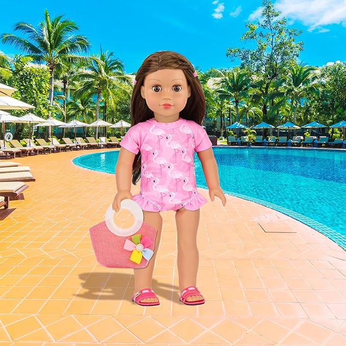 UNICORN ELEMENT 10 Pcs 18 Inch Doll Clothes and Accessories, American 18 Inch Girl Dolls Swimsuits Beach Themed Playsets for 18” Dolls Including Doll Swimsiut, Bag, Sunglasses, Shoes, Necklaces