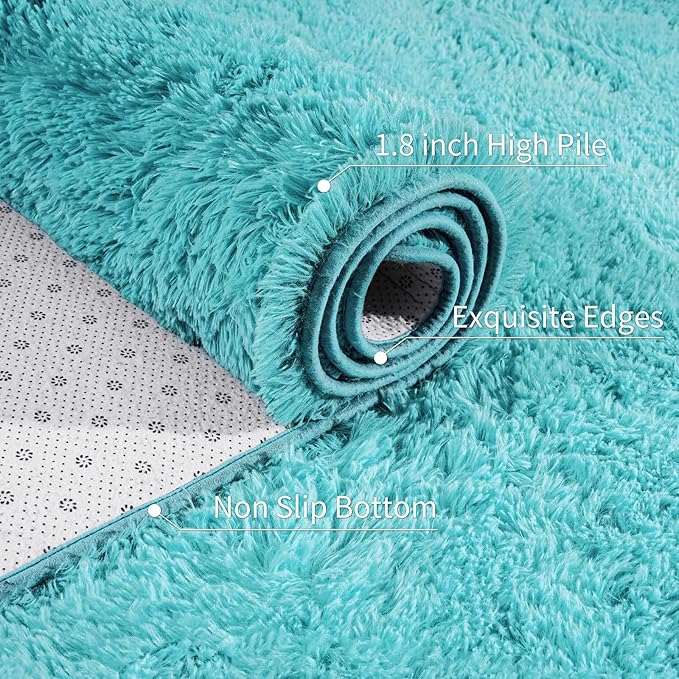 Teal Blue Fluffy Soft Living Room Bedroom Rug, 4x6 Area Rugs Super Soft Shaggy Carpet for Living Room Classroom Kids Babys Playroom Toddler Nursery Dorm Home Decor, Modern Indoor Non Slip Rug