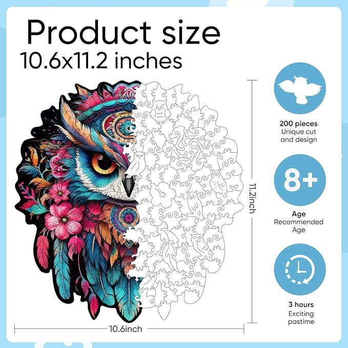 Feather Owl Wooden Jigsaw Puzzle for Adult and Kids 200 Pcs Unique Shape Wood Multicolor Beautiful Box Fun Challenge Brain Teaser Family Game Creative Gift for Friends Rompecabezas Madera