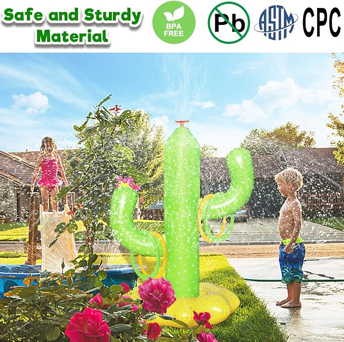 Sprinkler for Kids, Inflatable Cactus Water Toys for Boys Girls, Summer Outdoor Game with 4 Rings, Backyard Water Sprinkler Spray Toy Fun Gifts for Children Ages 3 4 5 6 Years and Up
