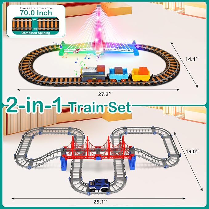 Electric Train Set for Kids Ages 4-8 with Train Tracks Set & Car Tracks Lights Up Bridge Road Sign Realistic Sound Train Track Accessories Playset Boy Toys Birthday 4 5 6 7 8+ Year Old