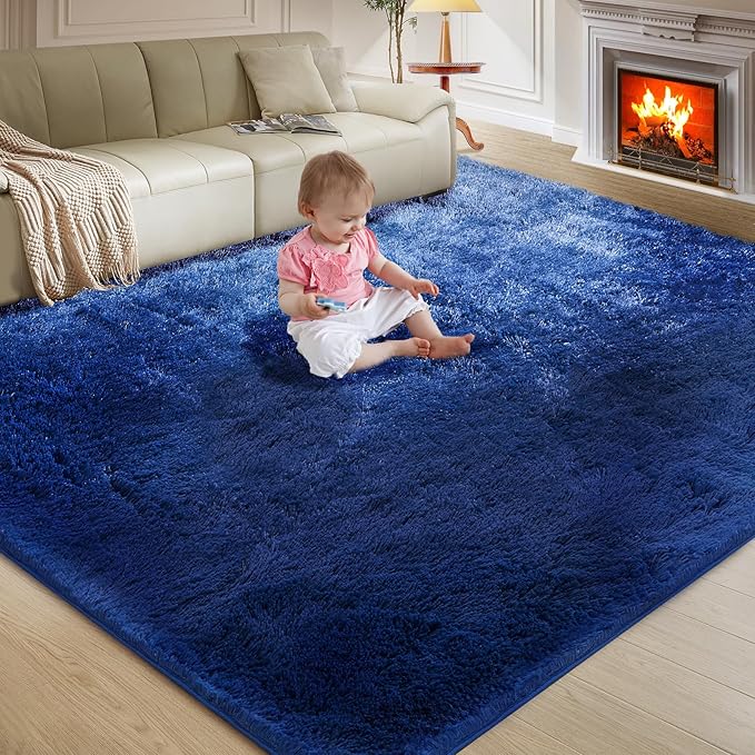 Ultra Soft Rug for Living Room,Blue Fluffy Shag Area Rug for Bedroom, Modern Shaggy Carpets Fuzzy Rug for Kids Boys Girls Dorm Nursery Home Decor Aesthetic, Upgrade Anti-Skid Durable, 3X4