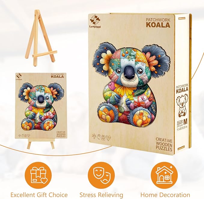 Wooden Puzzles for Adults, Wooden Jigsaw Puzzles for Adults Kids, Patchwork Koala Unique Shaped Wood Puzzles Adult, Creative Birthday Gifts for Friends Family Game (11.4 * 10.9in 200pcs)