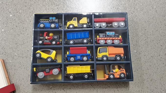 Giant bean 12Pcs Vehicles Battery Operated Train Car Set, Magnetic Mini Construction Set for Wooden Train Track, Bulk Car Toys for Toddlers Boys Girls Kids 3 4 5, Fits for Most Brands