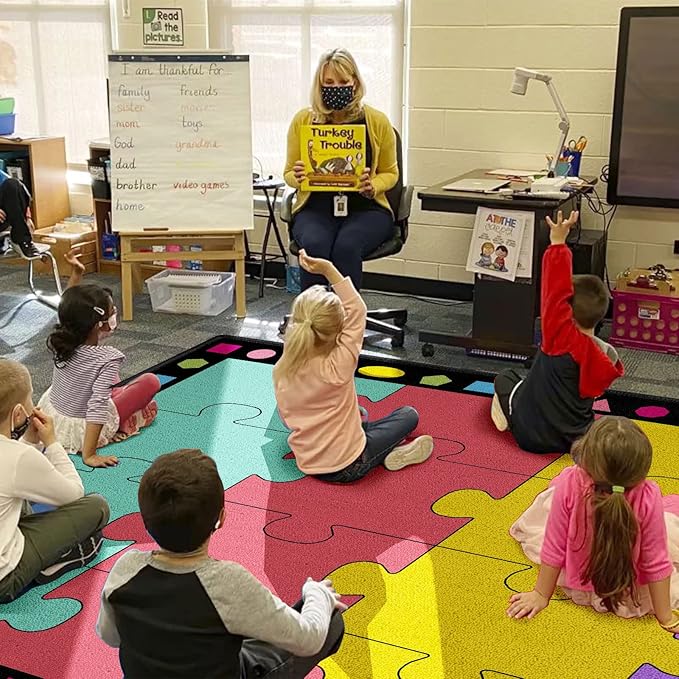 Booooom Jackson Classroom Rug Elementary 16 Seats Classroom Carpet 6.5 x 8.5 ft Preschool Rugs Colorful Puzzle Seating Rug with Non-Slip Backing for School (PzLaB-2620)
