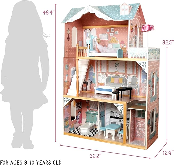 Lil' Jumbl Kids Wooden Dollhouse with Elevator, Balcony & Stairs, Accessories & Furniture Included, 3 Story Easy to Assemble Blue Dollhouse Toy - X-Large