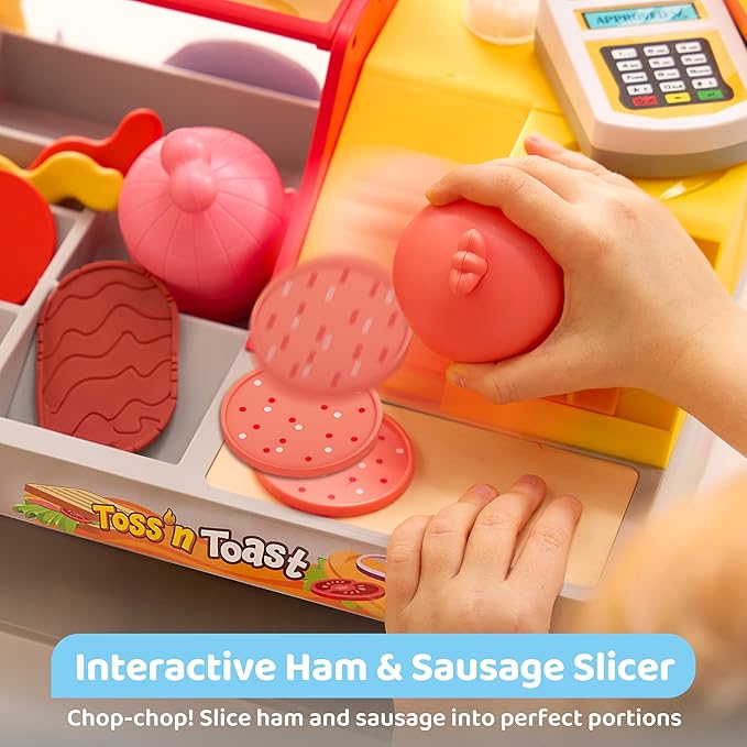 Pretend and Play Food Toy for Kids Toddlers, Play Kitchen Accessories Include Sandwich Maker Toy with Slicer for Ham, Menu and Ingredients, Play Restaurant Food Toy for Girls Birthday Gift