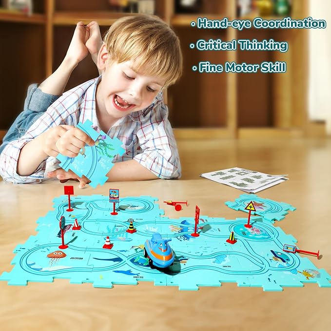 New Plastic Puzzles for Kids Ages 3-5 with Cute Vehicle, Toddler Puzzle Track Play Set Gift, Critical Thinking Educational Toys for 3-6 Year Old Boys & Girls, Montessori Toys