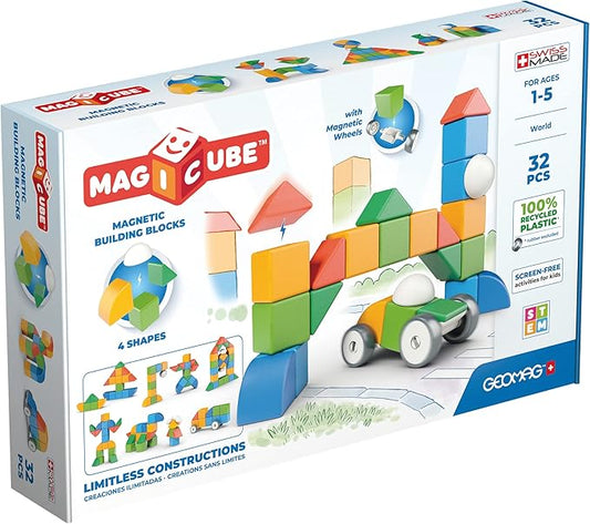 Geomag MagiCube 32-pc Magnetic Blocks Set for Toddlers & Kids Ages 1-5 | Swiss-Made STEM Educational Toy Made from 100% Recycled Plastic | Creative Early Learning Play