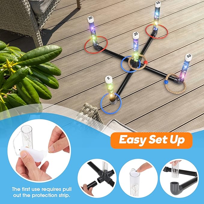 Outdoor Games for Kids 3-12: FunforFun! LED Ring Toss Game with 18 Rings Boys Girls Toys Age 5 6 7 8 9 Yard Games for Family Outside Toys for 10 11 12 13 14 Years Old Boys Gifts for Kid Age 8-12