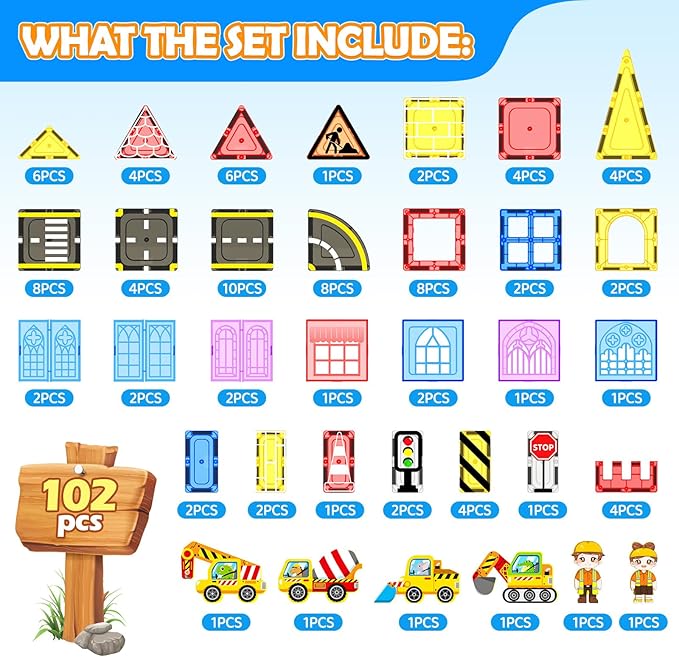 102 PCS Magnetic Tiles Construction Toys Magnet Building Toys for Boys and Girls Ages 3-5 5-7 8-10, STEM Sensory Toys Creative Play Includes Roads, Vehicles, Dolls, Traffic Signs and Construction Sign
