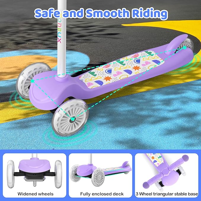 TONBUX Kids Scooter for Ages 3-5, Toddler Scooter with Light-Up Deck and Wheels, Adjustable 4-Level Height 3-Wheel Scooter for Kids, Lean-to-Steer Design