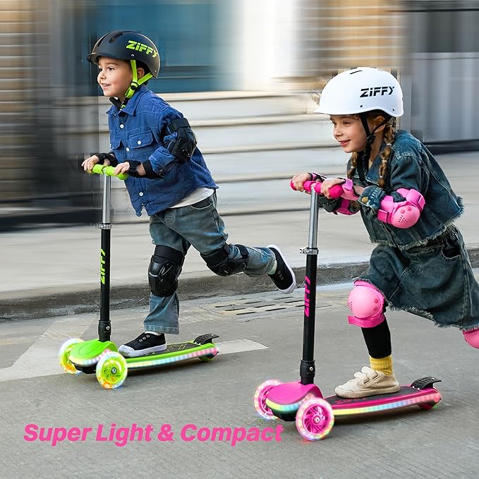 ZIFFY Kids Scooter for Boys & Girls LED Light-Up Wheels, 4 Adjustable Height Handlebars, and Lean-to-Steer Design with Anti-Slip Wide Deck for Stability - Up to 110LBS