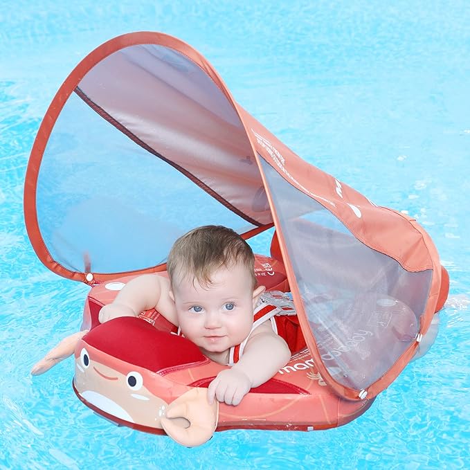 Mambobaby Float Add Tail Baby Swim Float with Canopy Solid Pool Infant Swim Trainer Swimming Training Lying Air Free Water Floats Non-Inflatable Waist Swim Ring for Toddlers (Crab)
