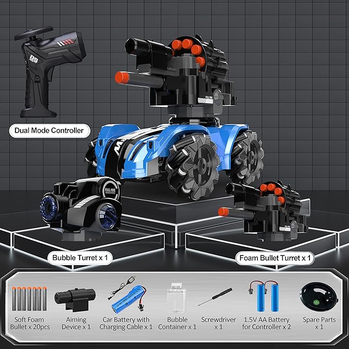 RC Tank Car,Rc Car That Shoot,2 Heads That Shoot Nerf Bullet (Foam Dart), Make Bubble, Remote Control Tank for Adult, 4WD Battle Stunt Car with 360°Rotating, LEDs, Music, Toy Gift for Boys 6+