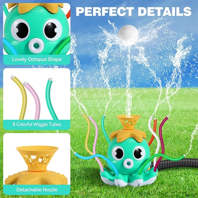 HeySplash Water Sprinkler Baseball Toy, 2 in 1 Water Spray Sprinkler Ball Set with 1 Detachable Sprinkler Head & 8 Wiggle Tubes, Outdoor Summer Toys Outside Toys for Toddlers and Kids, Green Octopus