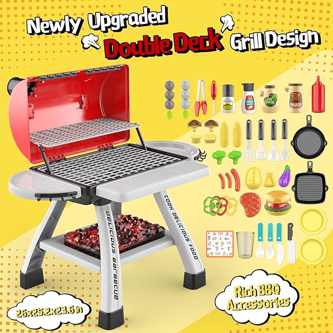 2-Layer BBQ Grill with Big Playset Gifts|Kids Outdoor Toys for Toddlers 3-5 6| Pretend Outdoor Toddler Boy Toys for 3 4 Year Old Boys| Kids Kitchen Playset Equipment Gift