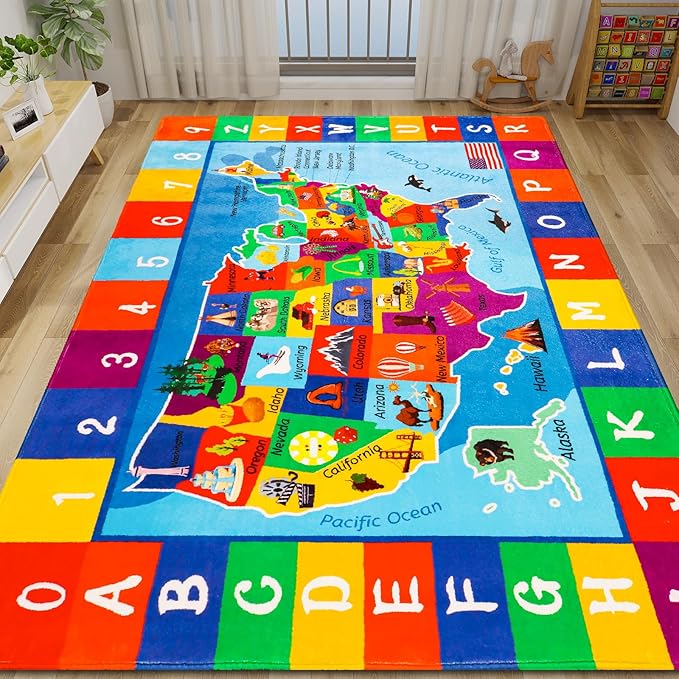 USA Map ABC Kid Rug 39.4" ร 63" for Playroom Geography Classroom Rug Educational Baby Playmat Alphabet Mat for Primary School Fluffy Ployester Non-Slip Preschool Carpet for Nursery Room