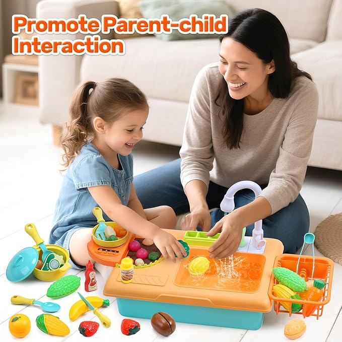 CUTE STONE Kids Pretend Play Sink with Running Water, Toddler Sink Toy with Upgraded Electric Faucet, Play Kitchen Accessories, Cooking Stove, Vegetable Garden Toys, STEM Learning Gift for Ages 3+