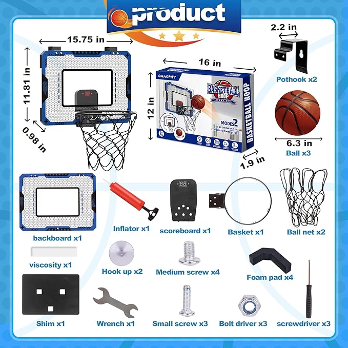 Basketball Hoop Indoor for 5 6 7 8 9 10+ Year Old Boys Kids, Mini Basketball Hoop with Electronic Scoreboard Over The Door, Birthday Gift Sport Toys