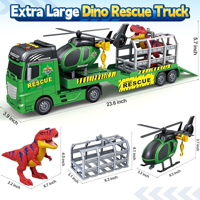 SpringFlower Toddler Truck Boy Toys, Large Dino Truck Toy with Helicoper and Dino, 3 in 1 Boy Toy for 3 4 5 6 7 Year Old, Christmas Birthday Gifts for Kids 3 4 5 6 Years Old