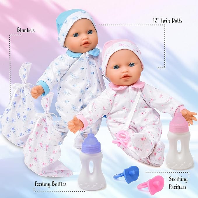 Gift Boutique - Soft Body Twin Baby Dolls for Toddlers in Gift Box, 12 Inch Baby Doll with Pacifier, Baby Girl Doll and Baby Boy Doll