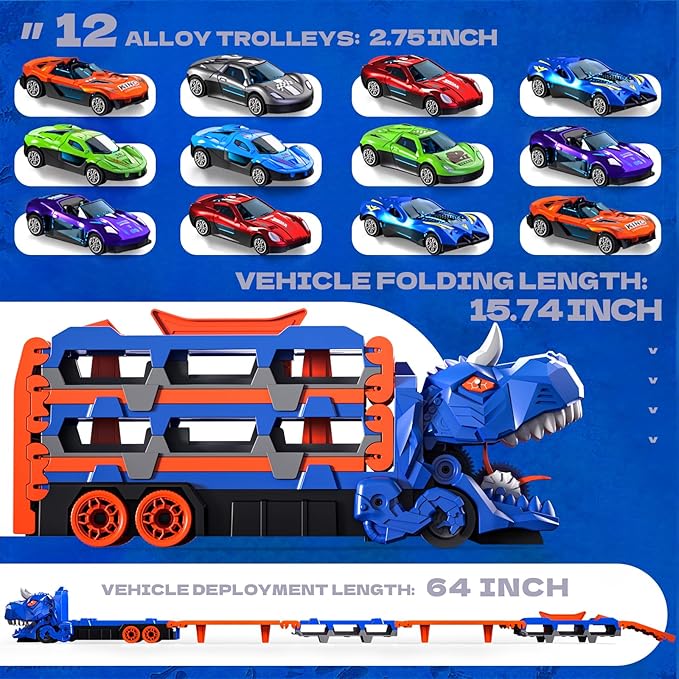 Toddler Car Truck Toys Gifts for 3 4 5 Years Old Boys, Toy Cars Track Set Dinosaur Transport Truck with 12 Pcs Die-Cast Cars Toys, Transforms into Dino, Toy Gifts for 3 4 5 6 Year Old Boys