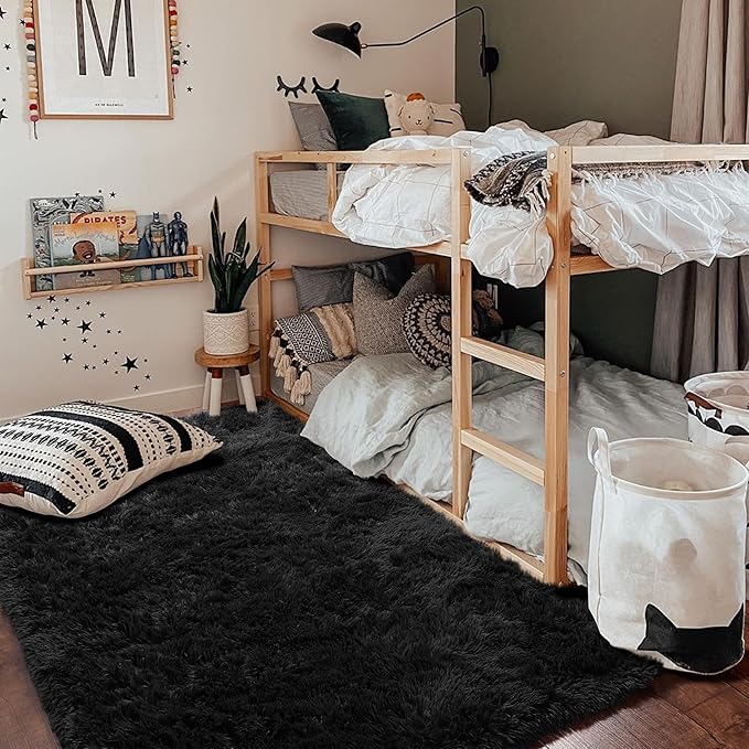 Amdrebio Black Washable Rugs for Bedroom Living Room Decor Aesthetic, Fluffy Shag Area Rugs for Kids, Men, Boys Room, Modern Cool Carpet for Classroom, Apartment, Nursery, Dorm, Office, 4x6 Rug