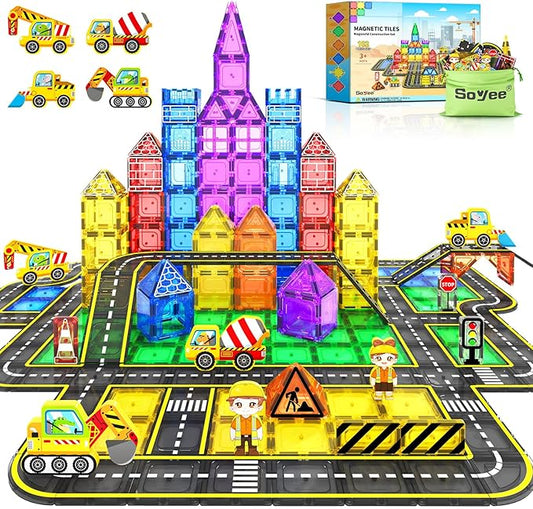 102 PCS Magnetic Tiles Construction Toys Magnet Building Toys for Boys and Girls Ages 3-5 5-7 8-10, STEM Sensory Toys Creative Play Includes Roads, Vehicles, Dolls, Traffic Signs and Construction Sign
