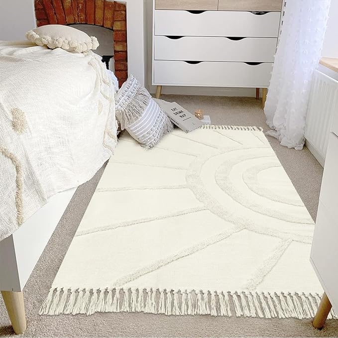 OJIA Boho Area Rug 3'X5', Washable Rugs Entryway Rug Cotton Woven Bedroom Rug Farmhouse Accent Throw Rugs Bohemian Tufted Sun Rug Floor Carpet for Laundry Living Room Kitchen