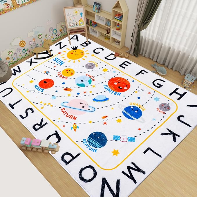 Soft ABC Kids Rug,59x78 in Washable Large Classroom Rug,Non-Slip Educational Nursery Rug,Solar System Kids Room Rug for Classroom Playroom Bedroom Kids Room Decor