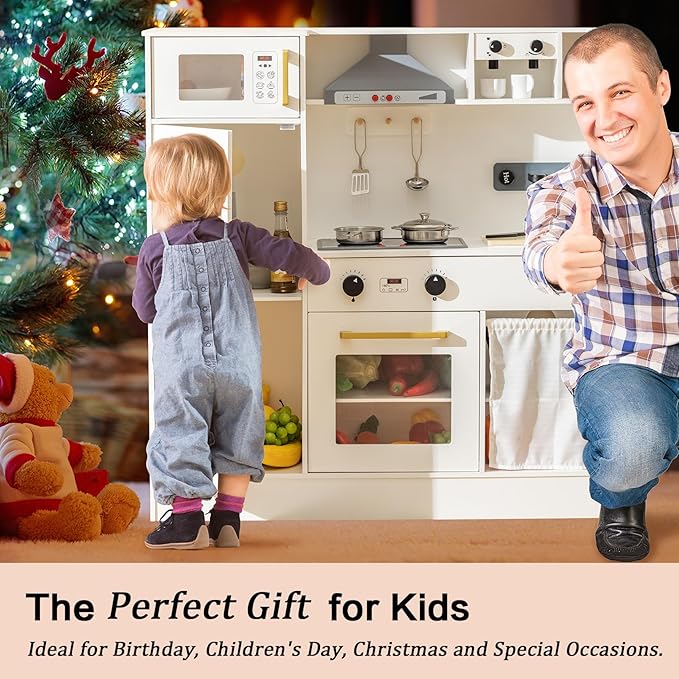 Deli Kids Kitchen Playset, Realistic Wooden Kitchen Playset for Toddlers & Kids with Lights, Sounds & Storage, Ideal Gift for Boys & Girls