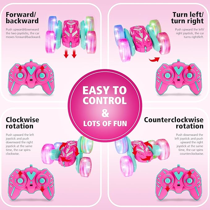 Remote Control Car for Girls 3-12 with Flashing Light, Toys 4 5 6 7 8 9 Years Old Girl Birthday Gifts Idea, RC Cars Stunt 4WD 2.4Ghz Double Sided 360° Flip, Present for Kids, Christmas, Pink