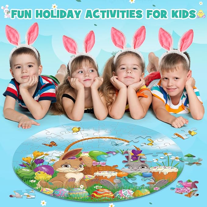 70pcs Easter Floor Puzzles for Kids Age 3-8, Easter Basket Stuffer Gifts for Kids Boy Girls Jumbo Bunny Puzzles Egg Hunt Party Favors