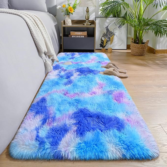 AROGAN 2x6 Feet Soft Runner Rugs for Bedroom Plush Fluffy Rug, Shag Furry Area Rug Carpet Non Shedding for Nursery Children Kids Girls Room Home Hallways Decorative, Blue and Purple