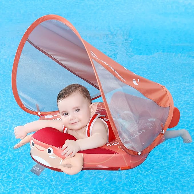 Mambobaby Float Add Tail Baby Swim Float with Canopy Solid Pool Infant Swim Trainer Swimming Training Lying Air Free Water Floats Non-Inflatable Waist Swim Ring for Toddlers (Crab)