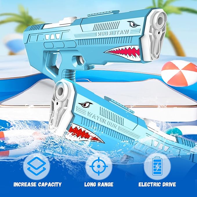 Electric Squirt Toy Water Gun - Battery Operated Powerful Squirt Gun Automatic Big Watergun Blaster Pistol Adults Kids Ages 4-8-12 Shark Party Favors Backyard Summer Outdoor Pool Beach Battles Game
