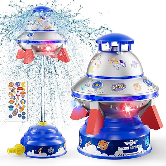 UFO Water Sprinkler for Kids, Water Rocket Toy Outdoor Summer Play W/Light & Spin, Adjustable Height Water Launcher, DIY Space Sticker, Backyard Lawn Gift for Girls Boys 3-12 Year Old Blue